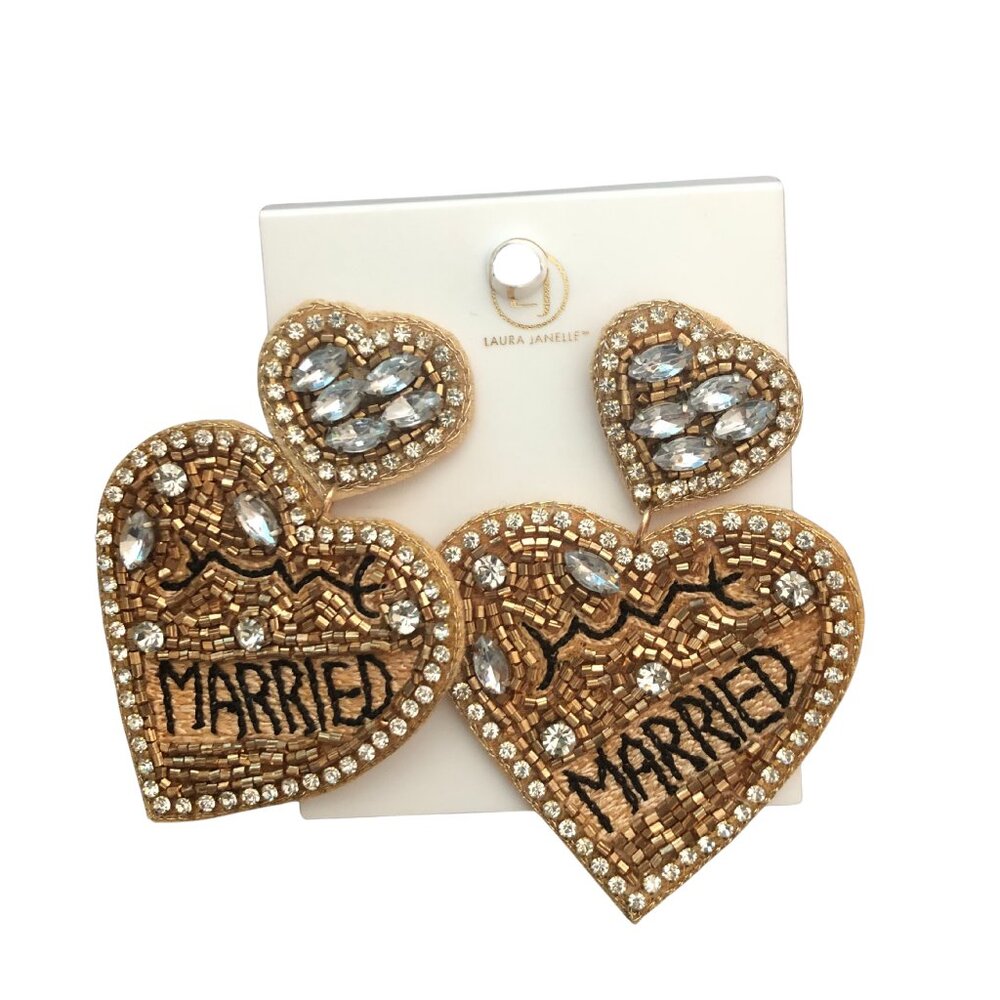 “Married” Heart Earrings – Bridal Bachelorette Party, Honeymoon Jewelry